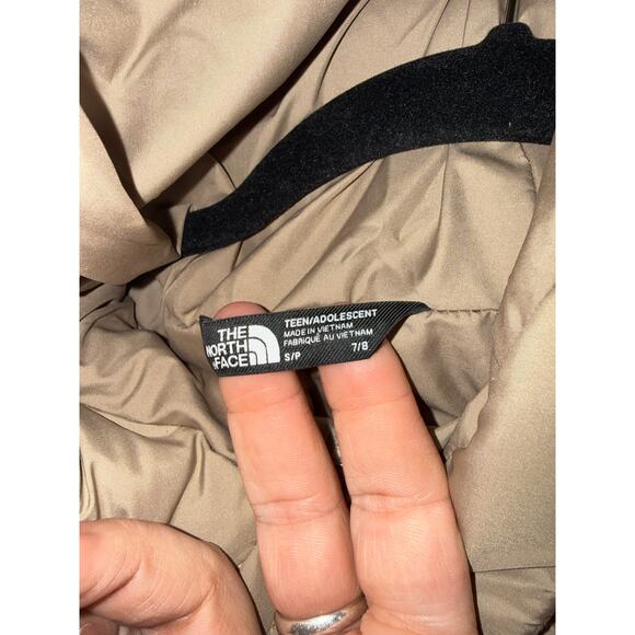The North Face NEW Kids Frost Fall Hooded Puffer Jacket Coat Tan Green Size 7/8 - Picture 4 of 4
